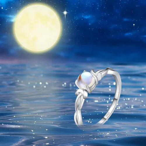 Vista 2 de Anillo de piedra lunar genuina para mujer, plata esterlina 925, arco iris, doble luna, infinito, anillo de compromiso de piedra lunar redonda
