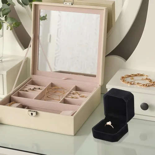 Vista 5 de Yaomiao Caja de terciopelo para anillos de boda, caja de anillos de compromiso, cajas de joyería, caja de embalaje para anillo, soporte