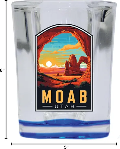 Vista 3 de Moab Utah Design C Souvenir - Vaso de chupito cuadrado de 2.5 onzas, base azul individual