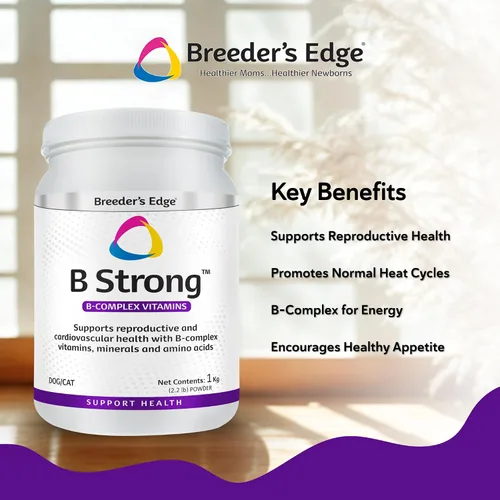 Vista 3 de Breeder's Edge B Polvo fuerte, suplemento vitamínico de complejo B para perros y gatos, apoya la salud reproductiva, promueve los ciclos de calor