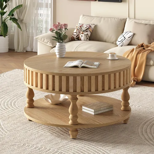 Vista 40 de Mesa de centro redonda de madera de 31.49 pulgadas con almacenamiento, mesa de centro circular acanalada de 2 niveles con tapa y estante para sala