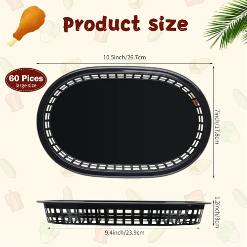 Vista 2 de Potchen 60 cestas de comida rápida para servir 10.5 x 7 pulgadas, cesta de plástico ovalada retro, bandeja de servicio de alimentos para Negro
