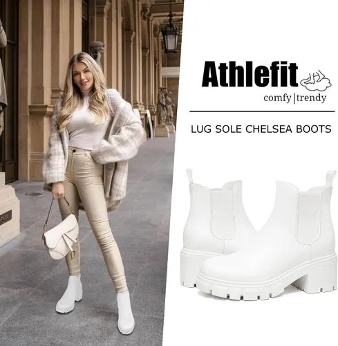Vista 2 de Athlefit Botas Chelsea de moda para mujer, tacón grueso, sin cordones, elásticos y tobilleros