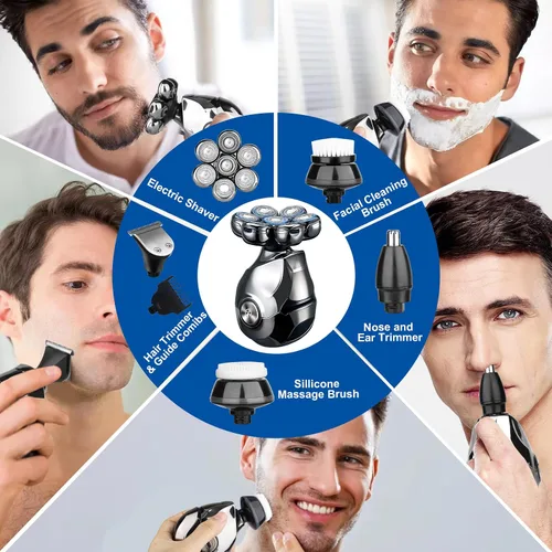 Vista 7 de Afeitadora eléctrica 7D para hombres calvos, afeitadora flotante 9 en 1 mejorada con pelo de nariz, recortadora de patillas, cepillo facial