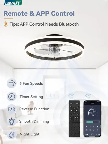 Vista 3 de LEDIARY Ventiladores de techo de perfil bajo con luces, ventilador de techo moderno de montaje al ras y control remoto, ventiladores de techo LED