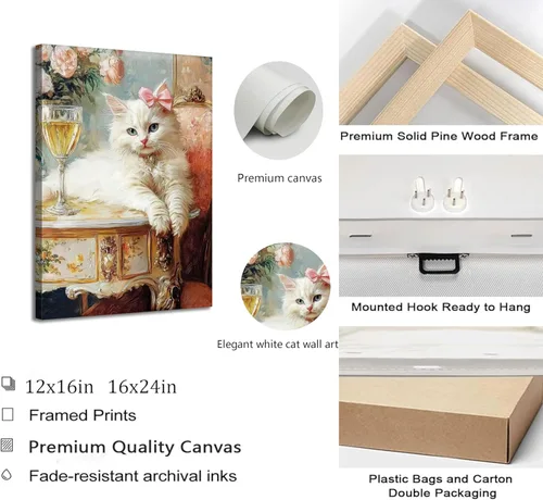 Vista 5 de Elegante lienzo vintage para pared, diseño de gato blanco caprichoso, divertido y retro, cuadro de carrito de bar, pintura ecléctica de animales