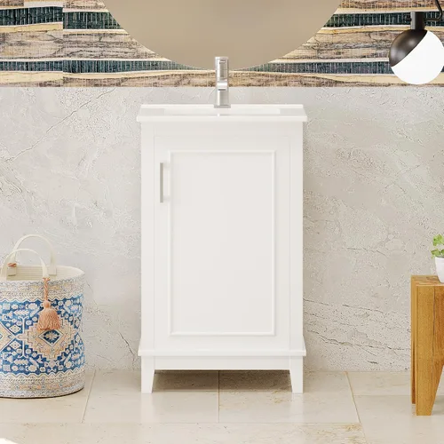 Vista 10 de LUMISOL Tocador de baño pequeño de 18.6 pulgadas con fregadero de cerámica, tocador estrecho con soporte para papel higiénico y puerta de cierre Gris