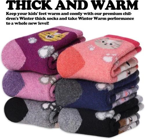 Vista 3 de FNOVCO Calcetines de lana para niños pequeños, cálidos, de lana gruesa, para senderismo, térmicos, acogedores, para niños y niñas, paquete de 6