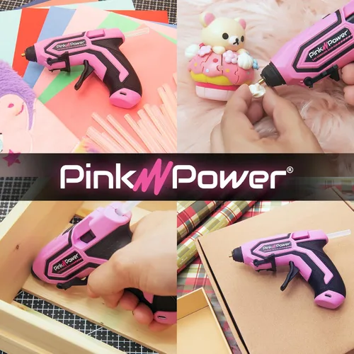 Vista 6 de Pink Power Mini kit de pistola de pegamento caliente inalámbrica con soporte, 20 varillas, funciona con pilas, inalámbrico, calentamiento rápido