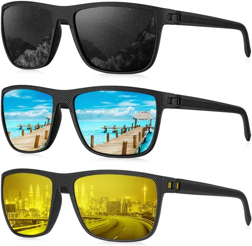 Vista 17 de KALIYADI Gafas de sol polarizadas para hombre, gafas de sol ligeras con protección UV para conducir, pescar y jugar golf (3 unidades) Negro