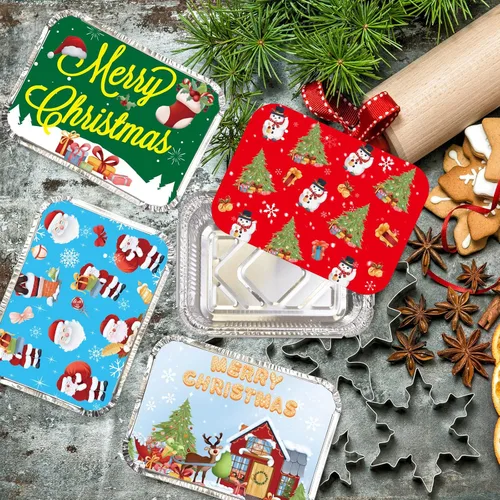 Vista 6 de WorldBazaar Recipientes de aluminio de Navidad con tapas, 36 latas de papel de aluminio desechables de Navidad, recipientes rectangulares