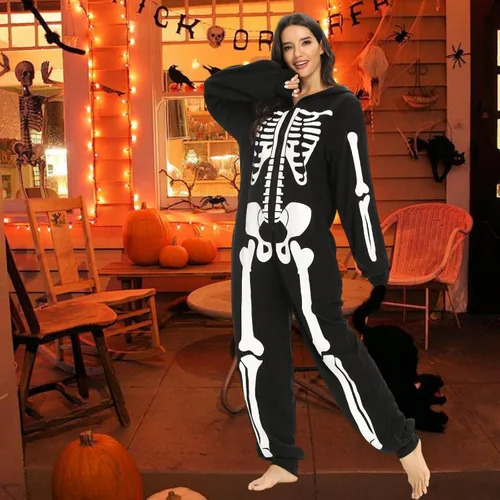 Vista 6 de Kofero Disfraz de esqueleto para mujer, disfraz de Halloween para adultos, talla grande, cómodo, pijama mameluco para niña, fiesta de cosplay