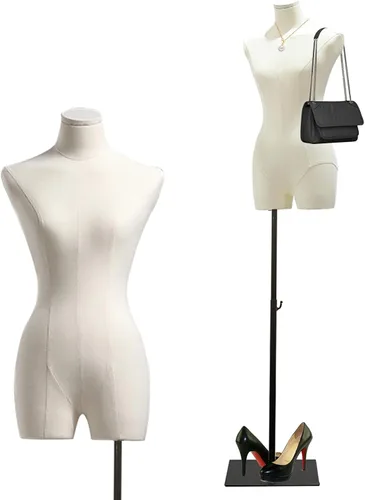 Vista 9 de Maniquí femenino con forma de torso para vestido, altura ajustable de 47" a 83", maniquí de exhibición con soporte de metal, manequí retro