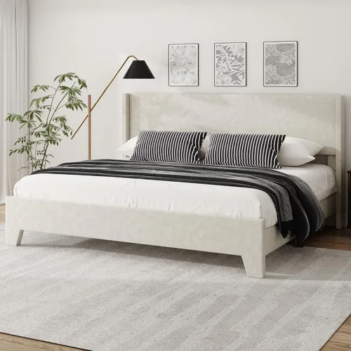 Vista 10 de Base de cama tamaño matrimonial con cabecero tapizado de imitación de cuero, resistente al desgaste, fácil de limpiar, base para colchón, no Beige