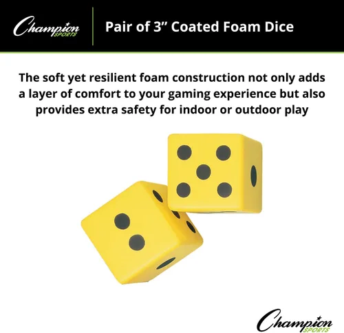 Vista 5 de Champion Sports Coated Foam Dice - Soft, Safe & Durable, Ideal for Math, Counting & Games, High-Visibility Yellow with Black Pips - 3 or 6 Inch Pairs