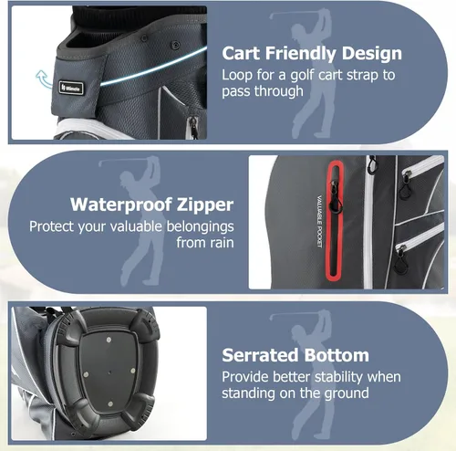 Vista 5 de Bolsa de carrito de golf Tangkula con divisores superiores de 15 vías, bolsa ligera para palos de golf con hueco individual para putter y 7 Gris