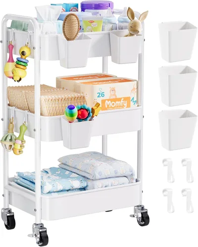 Vista 10 de Carrito pequeño de 2 niveles beige con ruedas, carrito de pañales para artículos esenciales para el cuarto de bebé, carrito de metal para debajo