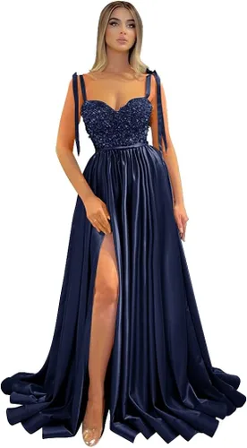 Vista 4 de AKAKDA Vestidos de fiesta de lentejuelas con tirantes delgados para mujer con abertura, vestido largo de satén para dama de honor