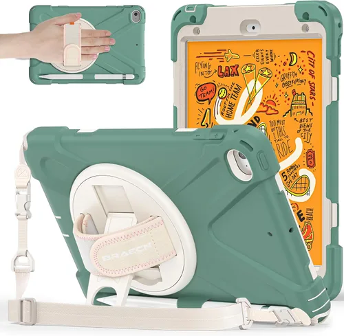 Vista 18 de BRAECNstock para Apple iPad mini 5/4 Funda 2019/2015 19,9 cm, Funda Protectora a Prueba de Golpes con Soporte para Lápices, Correa Giratoria