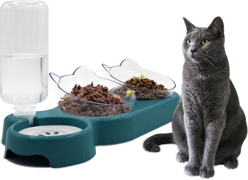 Vista 9 de Cuencos triples para gatos, alimentador de agua 3 en 1 y cuencos de comida con botella de agua automática, aptos para bigotes, platos de Plomo blanco