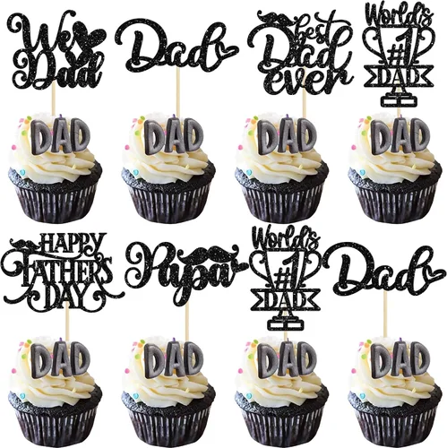 Vista 21 de 24 adornos para cupcakes con temática de sombrero para el Día del Padre, con purpurina azul, mejores selecciones de cupcakes para papá, decoraciones