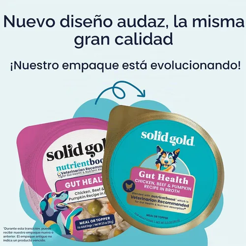 Vista 4 de Solid Gold Aderezo de Comida Húmeda para Perros y Tazas de Comida - Con Pollo, Carne de Res y Calabaza para Estómagos Sensibles, Salud Intestinal