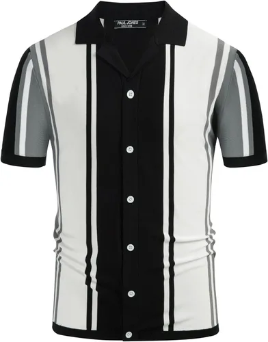 Vista 2 de PJ PAUL JONES Men's Stripe Button Down Knit Polo Shirts Short Sleeve Vintage Cardigans