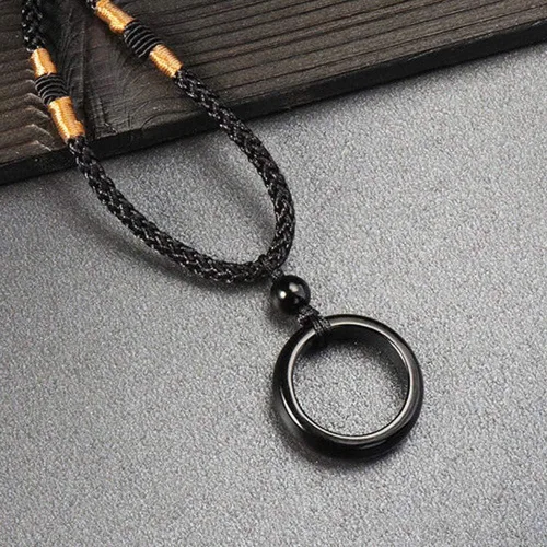 Vista 3 de Hombres Mujeres Negro Ágata Natural Piedra Cristal Anillo Forma Colgante Collar Protección Potente Joyería Accesorios Ajustable, Piedra de ágata