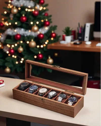 Vista 2 de Caja de reloj para hombres y mujeres, tapa de cristal grande, caja de almacenamiento de madera con 6 ranuras, organizador retro Burlywood