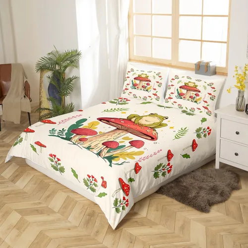 Vista 3 de Juego de funda de edredón con estampado de rana para niños, juego de ropa de cama Kawaii para decoración de habitación, diseño de hongos y rana