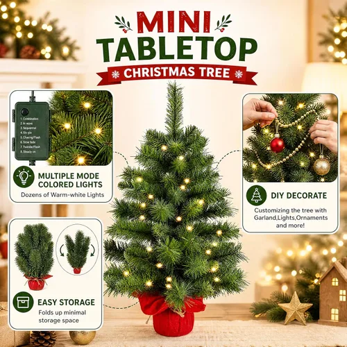 Vista 3 de Mini árbol de Navidad artificial preiluminado de 2 pies Árbol de mesa preiluminado de 2 pies, base de bolsa de tela pequeña con 50 luces, funciona