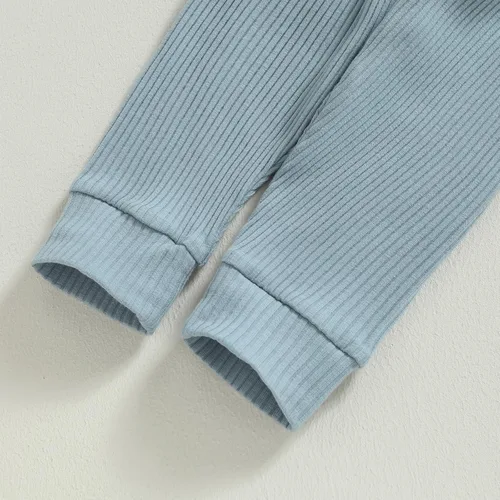 Vista 6 de Ropa de bebé recién nacido, ropa de punto acanalado, manga larga, pantalones de algodón sólido, trajes de otoño e invierno, 2 piezas