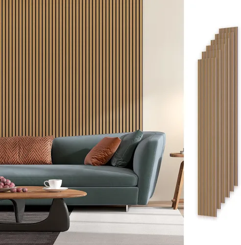 Vista 9 de SMARTSTANDARD Paneles de pared acústicos de muestra en madera, panel de pared insonorizado, panelado de listones de madera estriado en 3D para Roble