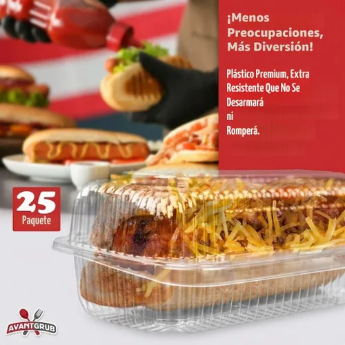 Vista 2 de Bandejas de plástico resistentes para perros calientes con bloqueo. Paquete de 25. Botes de presentación de alimentos desechables de primera calidad
