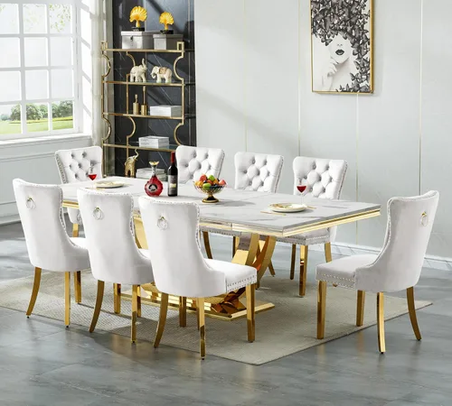 Vista 26 de SSLine Juego de mesa de comedor de mármol sintético blanco de 68 pulgadas