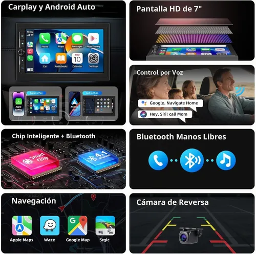 Vista 3 de Haudio Estéreo de auto de doble DIN de 7 pulgadas con Apple CarPlay/Android Auto, pantalla táctil HD con 2+32 GB, enlace espejo, cámara de respaldo