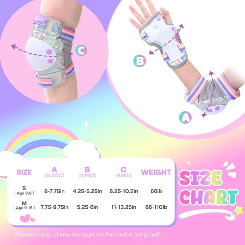 Vista 6 de Patines para niños (unicornio arcoíris, S) + juego de equipo de protección con aspecto de cuero iridiscente con bolsa con cordón (S)