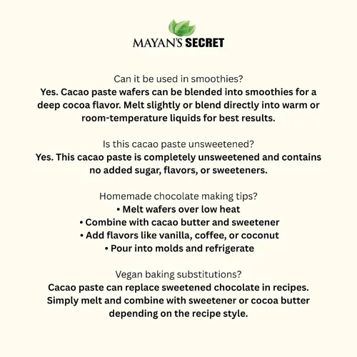Vista 7 de Mayan's Secret - Obleas de pasta de cacao cruda orgánica - Certificado USDA, sin OMG, veganas y sin gluten - Obleas fáciles de derretir para hacer