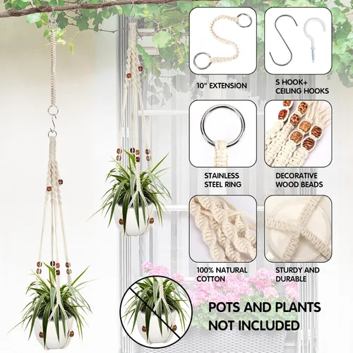 Vista 5 de Augshy Colgador de plantas de macramé, 2 piezas de soporte colgante para plantas con extensor, colgadores de plantas para decoración de interiores