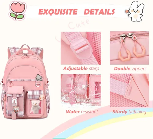 Vista 5 de Mochila para niñas, mochila escolar linda para niñas, niños y adolescentes, mochila Kawaii para primaria, Rosa, Mediana, Mochilas Tradicionales