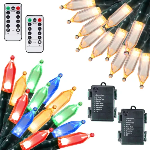 Vista 15 de Luces de Halloween naranja púrpura para exteriores, 17.8 pies, 50 luces LED de Navidad con 8 modos, mini tira de luces impermeables a pilas para uso