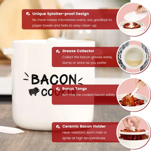 Vista 5 de SOLIGT Olla para Cocinar Tocino en Microondas de Cerámica - Olla de Tocino para Microondas con Diseño a Prueba de Salpicaduras, Tapa y Pinzas Extra
