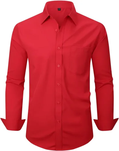 Vista 64 de corfty Camisa de vestir de manga larga para hombre, ajuste regular, elástica, sin arrugas, casual, con botones