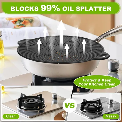 Vista 4 de Pantalla de silicona contra salpicaduras para sartén, protector de salpicaduras de grasa de silicona resistente al calor de 11 pulgadas, protector