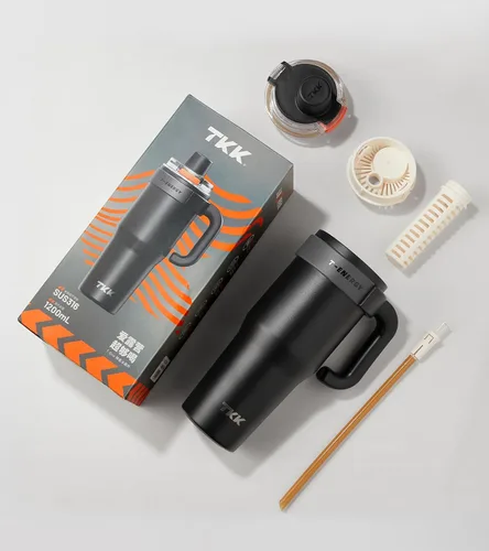 Vista 7 de TKK Vasos aislados de 40 onzas con asa y pajilla, taza de viaje de acero inoxidable con revestimiento de cerámica, taza de café helado de doble