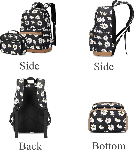 Vista 23 de 3 piezas de mochila con estampado de margaritas para niños, mochila de escuela primaria, mochila para estudiantes de primaria, mochila para Negro