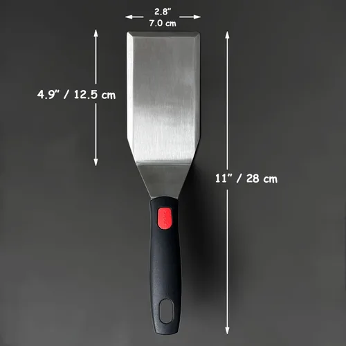 Vista 8 de Espátula de metal profesional para sartenes de hierro fundido y parrillas de parte superior plana, mango de silicona de espiga completa, hoja