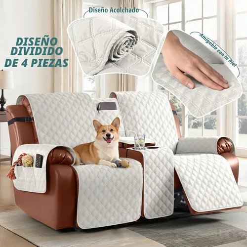 Vista 6 de Ruaozz Funda impermeable para sofá biplaza reclinable con consola, funda antideslizante para sofá reclinable dividido, con correas elásticas Beige