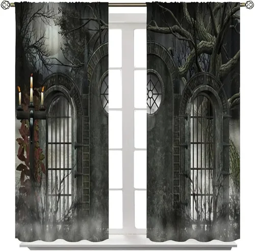 Vista 8 de Cortinas góticas con diseño de luna de Halloween, historia, puerta espeluznante, fondo de terror, vela, ficción, patrón de impresión, sala de estar