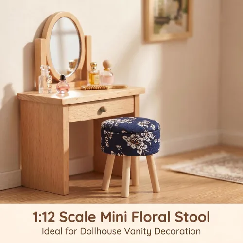 Vista 4 de Taburete de casa de muñecas en miniatura, redondo, tapizado, a escala 1:12, taburete de madera, adorno para casa de muñecas, accesorios